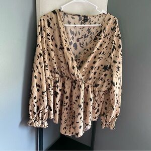 SHEIN Tan Ruffled Wrap Blouse 3/4 Sleeve leopard